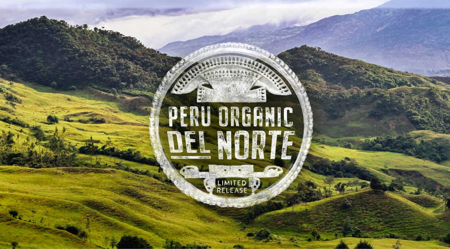 Coffee fields and Peru Organic del Norte decorative icon.